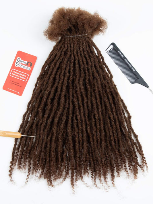 medium brown textured loc extensions with curly ends